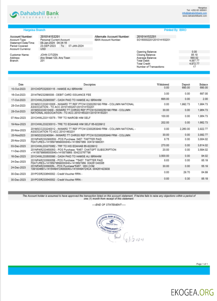 Somalie Dahabshil Bank Relevé bancaire international Modèle Word et PDF